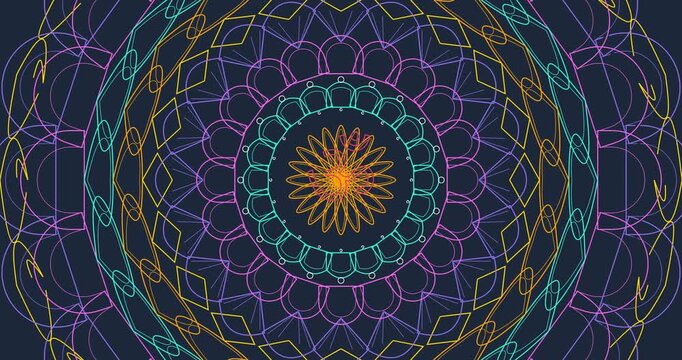 Animated Mandala Drawing: Self-Drawing Stroke Lines & Color Fill Reveal. Abstract Ornamental Flower Decoration Video Background. Luxury Motion Graphics Art for Zen, Yoga, Meditation & Design Projects