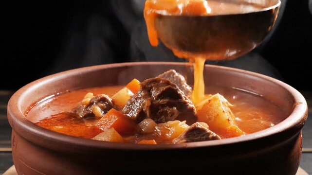Hungarian Goulash Pour with Rising Steam in Dark