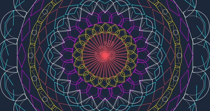 Animated Mandala Drawing: Self-Drawing Stroke Lines & Color Fill Reveal. Abstract Ornamental Flower Decoration Video Background. Luxury Motion Graphics Art for Zen, Yoga, Meditation & Design Projects