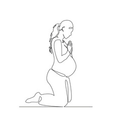 Fototapeta premium One continuous single drawing line art flat doodle woman, pregnant, hand, belly, motherhood, pregnancy, lifestyle, meditation, pray. Isolated image hand draw contour on a white background; hand drawn;