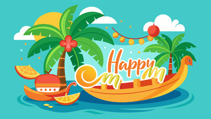 A vibrant tropical scene with a cat on a raft celebrating a happy birthday Vector