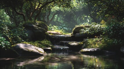 Fototapeta premium Serene forest stream with stepping stones and lush greenery surrounding calm waters
