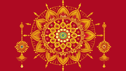 Intricate mandala design with vibrant colors and symmetrical patterns on a red background Vector