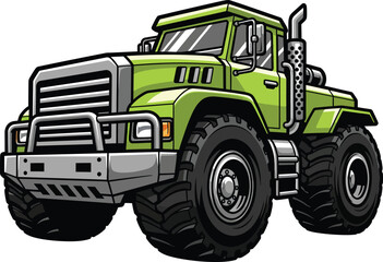 Powerful lime green monster truck cartoon with massive offroad tires and a prominent bull bar. © Alisya Design