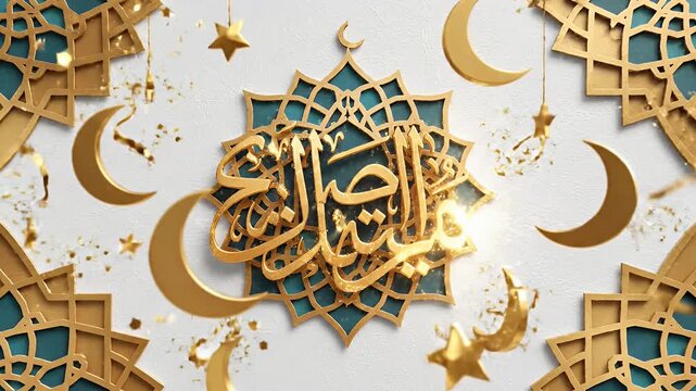 Golden Islamic geometric pattern with Arabic letter and crescent moon