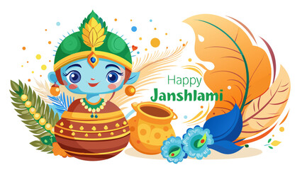 Colorful illustration of a smiling gnome with a green hat and a golden treasure chest Vector