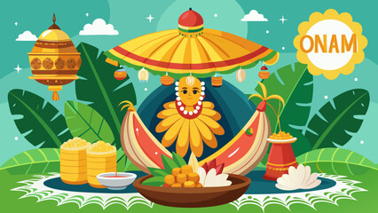 Vibrant illustration of a woman with a basket of fruits under a colorful umbrella Vector