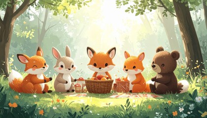 Naklejka premium Cute forest animals gathering with rabbits, foxes, and bears sitting around a picnic in a pastel forest. Semi-realistic scene emphasizing friendship, warmth, and whimsy. 