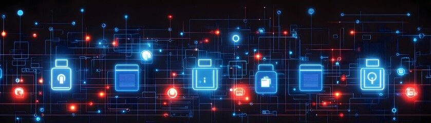 Digital network infrastructure displays glowing icons representing various secure data modules on a dark background.