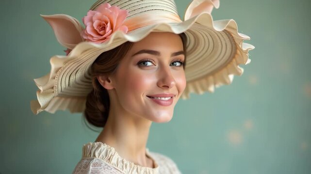 Elegant woman smiling in decorative floral hat looking at camera, spring fashion portrait studio, soft pastel tones, concept of wedding, kentucky derby, millinery