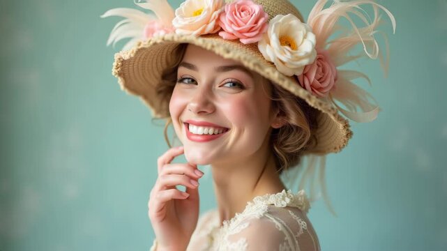 Elegant woman smiling in decorative floral hat looking at camera, spring fashion portrait studio, soft pastel tones, concept of wedding, kentucky derby, millinery