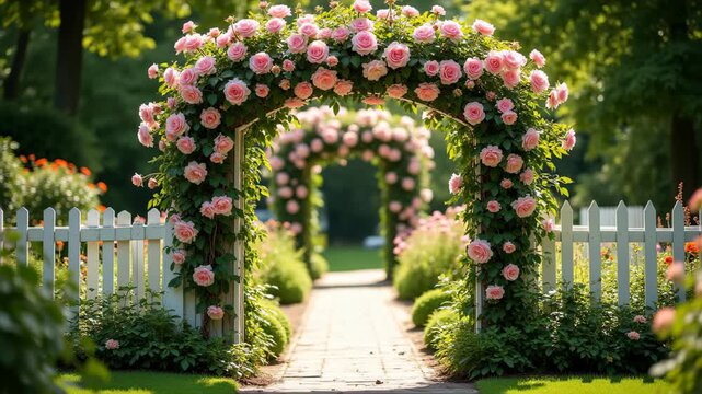 Garden arbor climbing roses blooming, summer landscape architecture romantic beautiful, concept of wedding, gardening, floristry