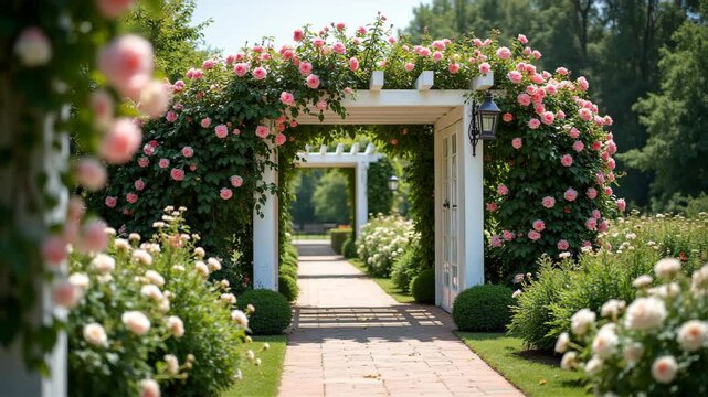 Garden arbor climbing roses blooming, summer landscape architecture romantic beautiful, concept of wedding, gardening, floristry