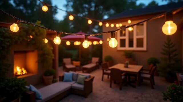 String lights glowing in backyard patio at dusk, cozy outdoor entertainment area with furniture and fireplace, concept of hospitality, outdoor living, events