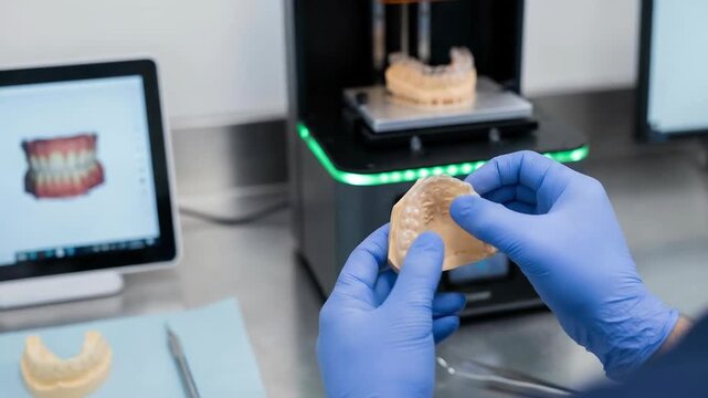 3d dental bioprinting technology surgery planning implants process with dentist hand glove holding jaw model in clinical lab for advanced dentistry