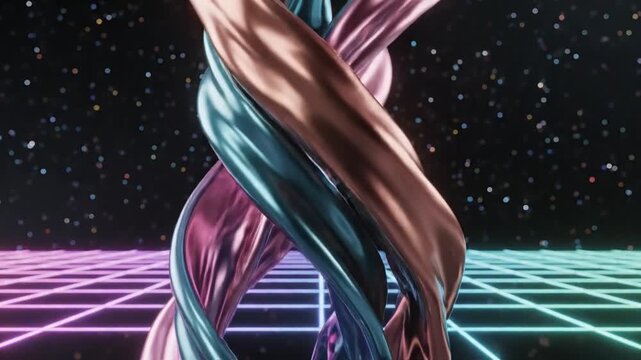 Abstract Twisted Ribbon Sculpture - Futuristic Design Element with Neon Glow and Cosmic Background for Modern Art Technology and Creative Projects