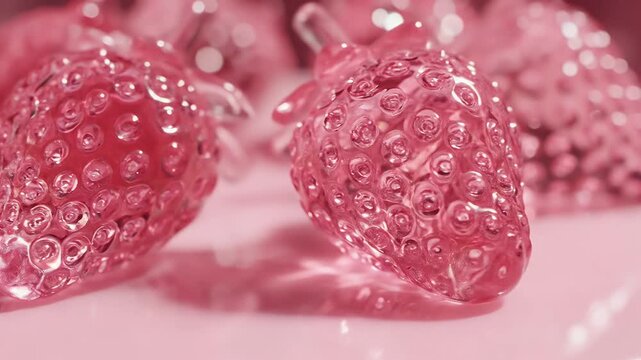 Ultra close-up macro shot of pink raspberries glistening with water droplets on pink background