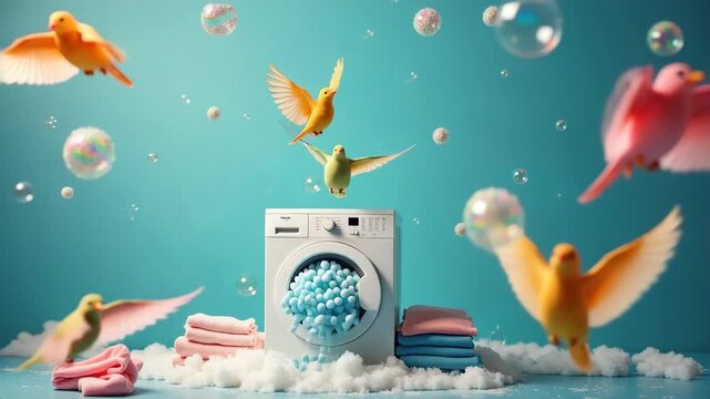 White washing machine filled with blue laundry pods surrounded by flying colorful birds and iridescent soap bubbles floating in turquoise dreamy space with stacked folded towels and fluffy clouds
