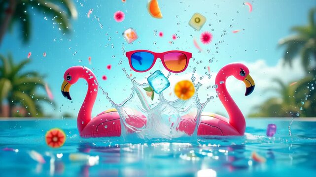 Pink flamingo inflatable floatie surrounded by splashing water, juicy watermelon slices, fresh ice cubes with embedded raspberries in vibrant turquoise pool refreshing summer splash scene