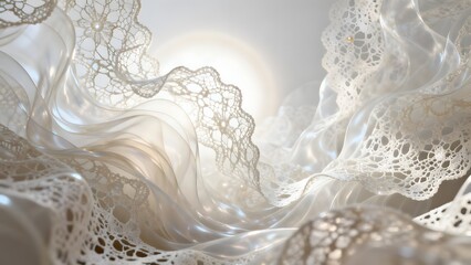 Fototapeta premium Beautiful flowing delicate lace fabric with pearl details softly illuminated by natural light creating elegant and luxurious texture perfect for wedding fashion textile design and premium comfort them