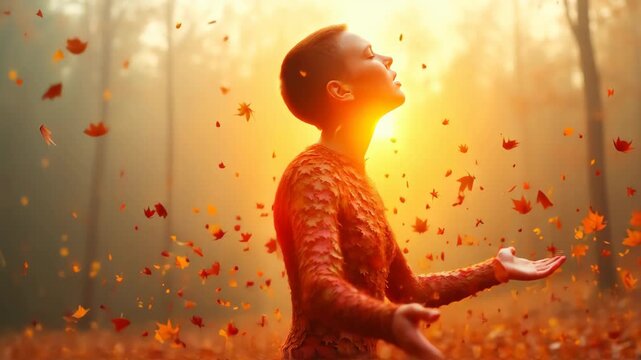 Woman figure made entirely of autumn leaves, body fragmenting as leaves blow away revealing inner light, seasonal change personified