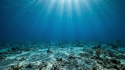 Fototapeta premium Sunlight pierces the deep blue ocean water creating visible rays shining down onto the sandy, rocky seabed below.