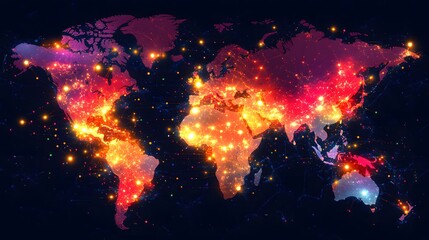 Illuminated global map depicts interconnected continents glowing with vibrant, energetic light points against a dark backdrop