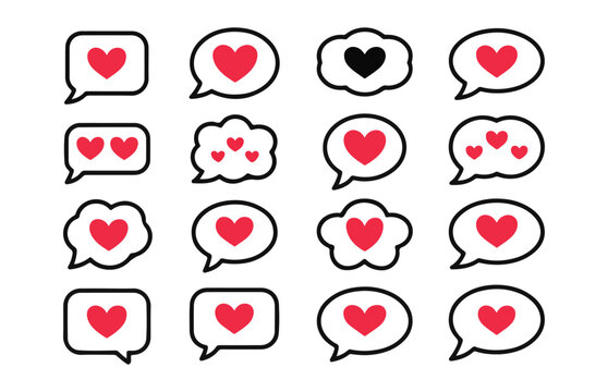 Colorful heart icons inside speech bubbles for social media interaction and romantic digital dialogue composition