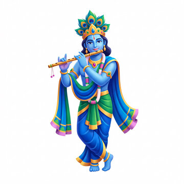 Lord Krishna Playing Flute Cartoon Illustration with Peacock Feather Crown, Traditional Indian Hindu God Character on White Background