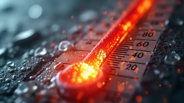 Global warming thermometer in surreal macro, red mercury rising dramatically with golden cracks blooming, slow-motion rise and particle explosion, for climate crisis awareness