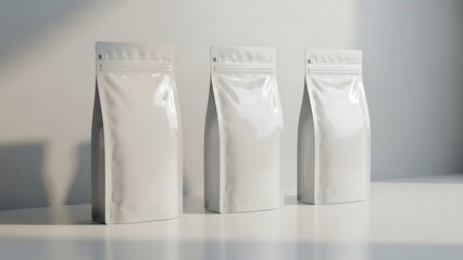 White Food Packaging Pouches on Bright Surface with Soft Lighting