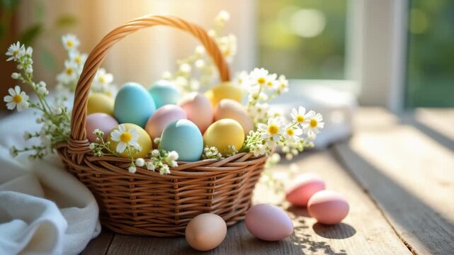 Colorful easter eggs in wicker basket with white daisies on wooden table, pastel spring decoration in bright sunlight, concept of easter, spring celebration, holiday
