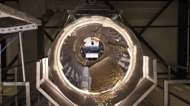 Processing and roasting of peanuts on an industrial scale. Industrial food production. Peanuts on conveyor belt in food processing plant production line