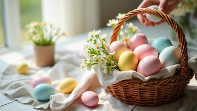 Colorful easter eggs in wicker basket with white daisies on wooden table, pastel spring decoration in bright sunlight, concept of easter, spring celebration, holiday