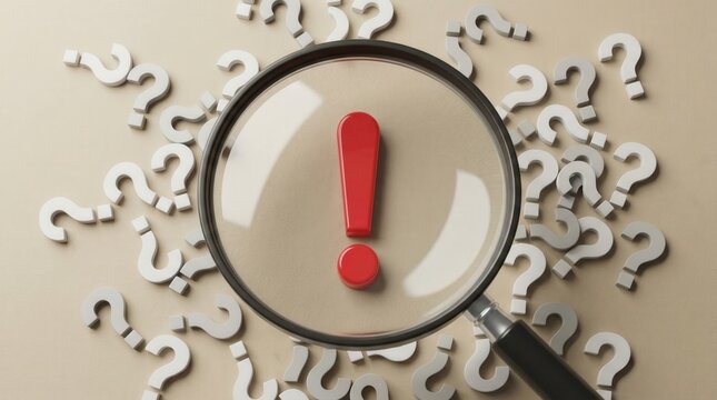 Magnifying glass highlighting a large red exclamation mark surrounded by white question marks on a beige background with copy space for solution and problem solving concept.