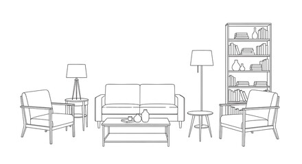 Fototapeta premium A living room with a bookshelf two chairs and a coffee table