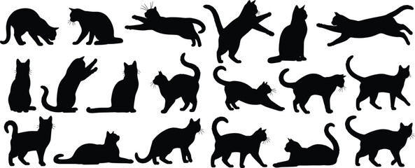 Set of cat silhouettes showing different playful and resting poses, black feline animal illustrations isolated on white background for pet, behavior and design concepts © Rejowanul Expressive