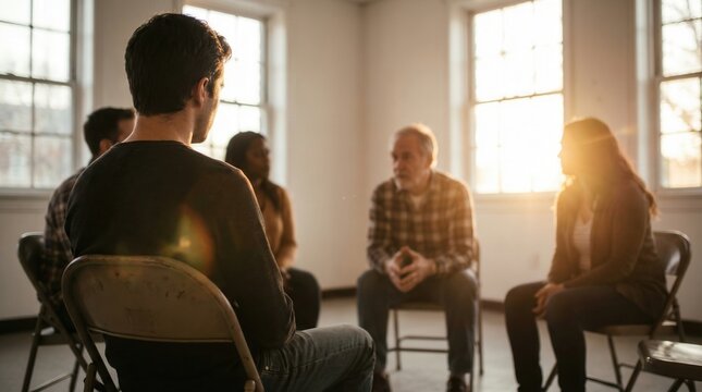 Diverse people attending a group therapy session in a sunlit meeting room with dramatic backlight for mental health support concept.