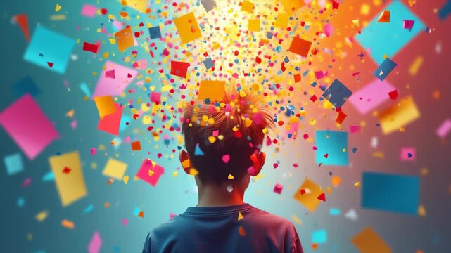 Person profile with colorful geometric squares exploding from head, creative abstract art with vibrant particles, digital concept, concept of creativity, innovation, ideas