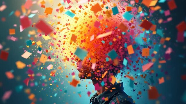 Person profile with colorful geometric squares exploding from head, creative abstract art with vibrant particles, digital concept, concept of creativity, innovation, ideas