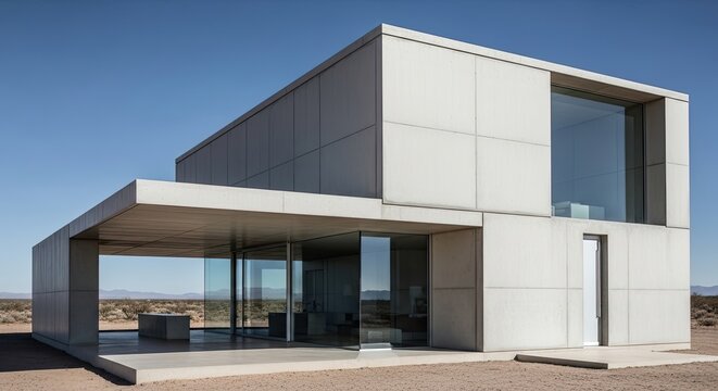 A modern, minimalist concrete and glass house with large glass windows and a flat roof in a desert landscape.