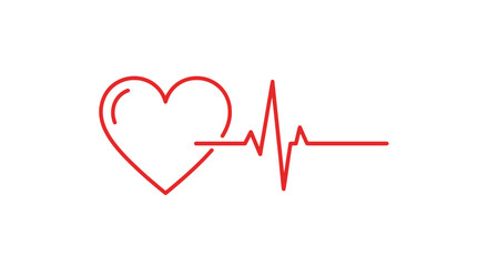 Minimalist red heart outline connected to a continuous electrocardiogram line, symbolizing health, vitality, and medical care concept