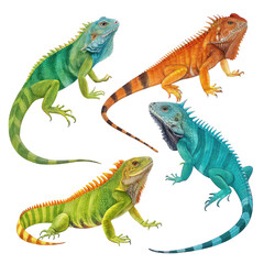 Fototapeta premium set of iguanas colorful ,isolated on transparent background png
