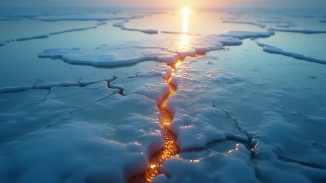 Cracked ice surface with golden sunlight reflecting through fissures, frozen lake with water droplets at sunrise, cold winter landscape, concept of climate, nature, fragility