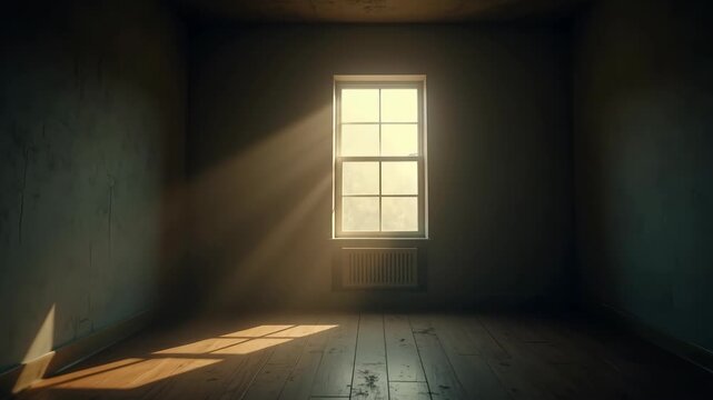 Depression empty room in hyper-realism, gray walls fading into black void with golden window light rays piercing softly