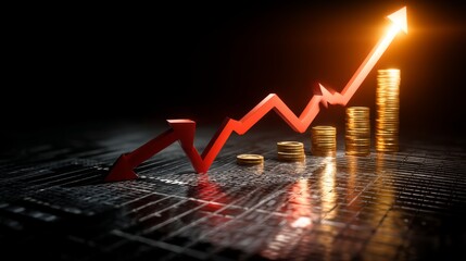 Dynamic Financial Growth Graph with Red Arrow and Stacks of Coins on Dark Background Representing Economic Success and Investment Opportunities