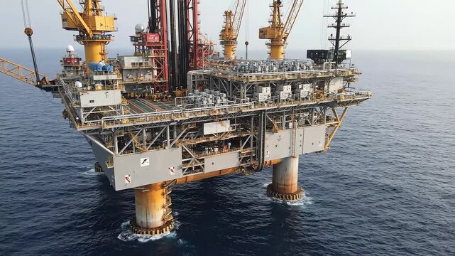 An offshore oil rig in the middle of a calm sea on a clear day in a video