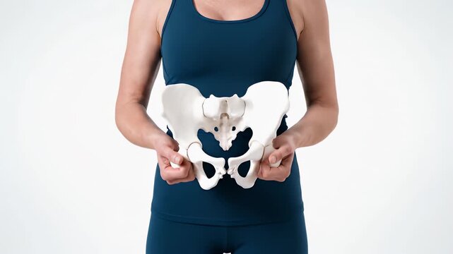 Torso Shot of Woman Holding Pelvic Bone Model in Front of White Backdrop Wearing Blue Athletic Attire for Anatomical
