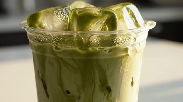 Vibrant pale-green iced beverage with large ice cubes in a clear plastic cup, close-up shot
