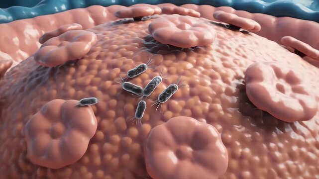 Microscopic bacteria travel upward through the urinary tract toward the bladder. They swim using tiny flagella and attach to the bladder lining